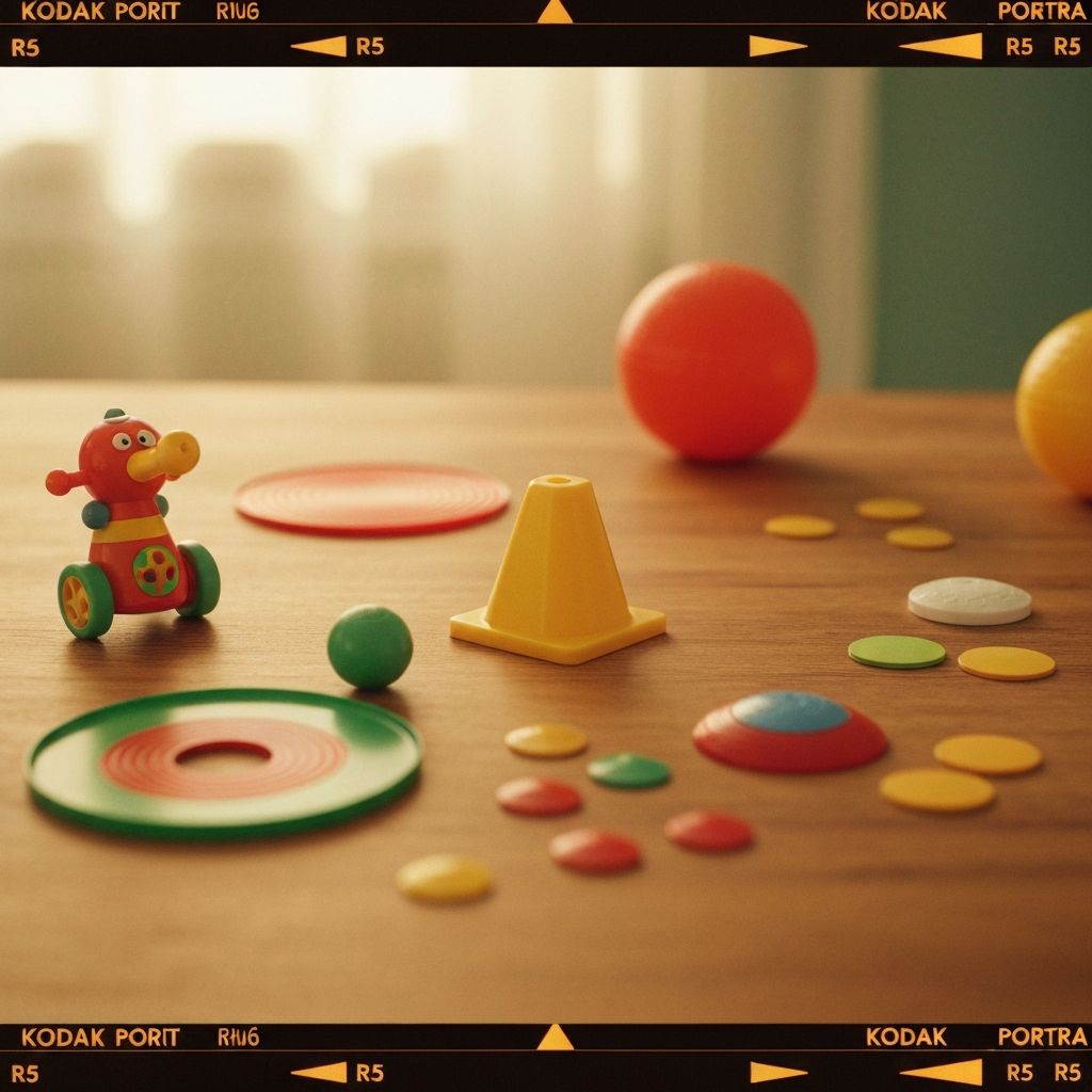 Colorful spread of children's physical activities including board games, art supplies, and building blocks