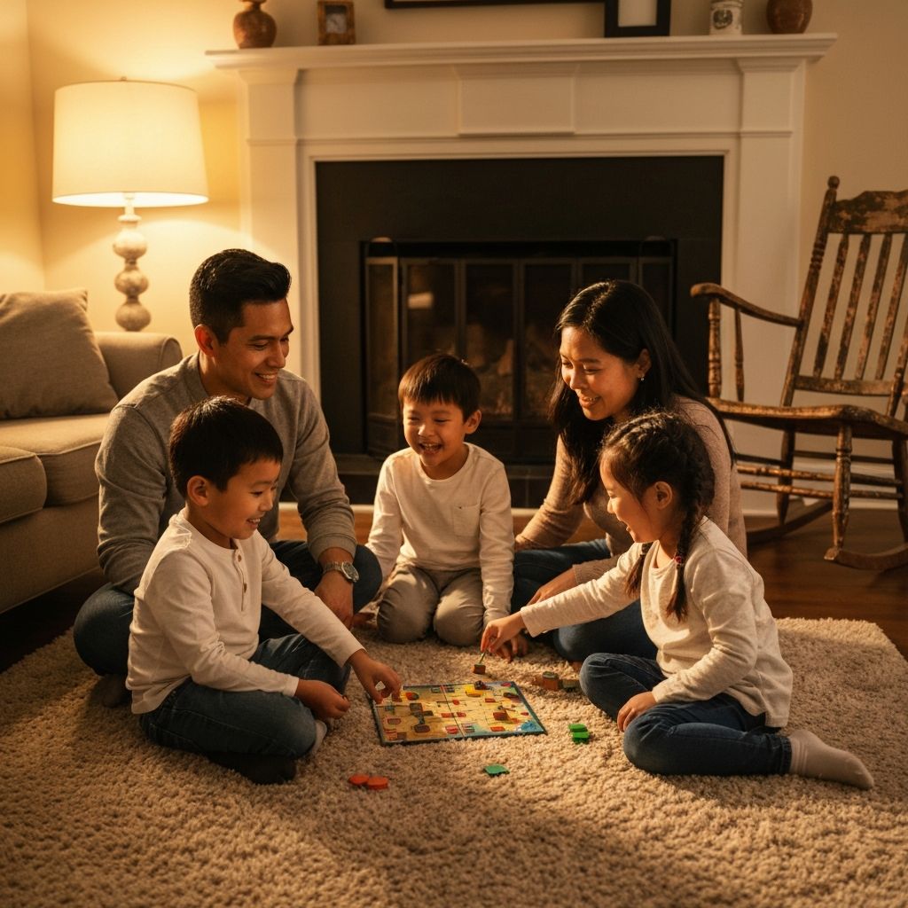 Family playing together, parents and children bonding over a board game