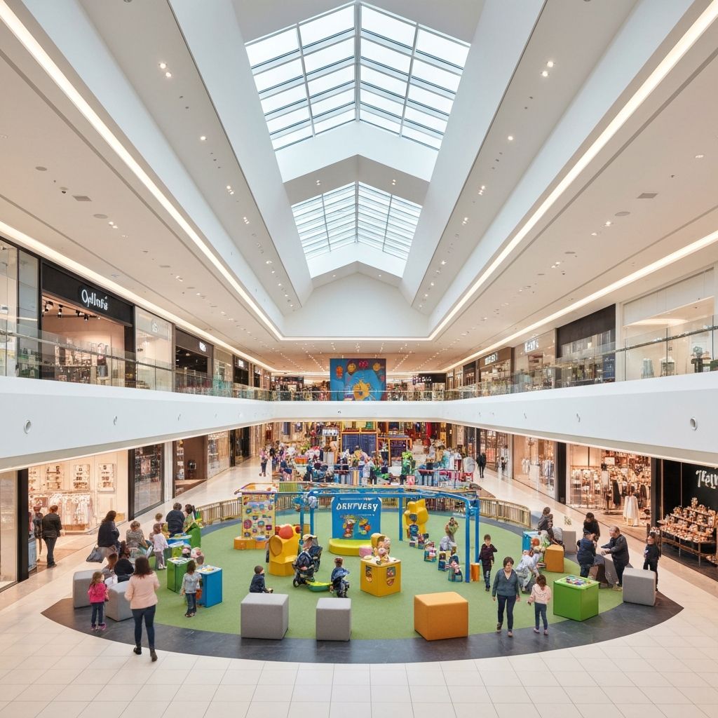 Modern shopping mall interior with family-friendly activity zones